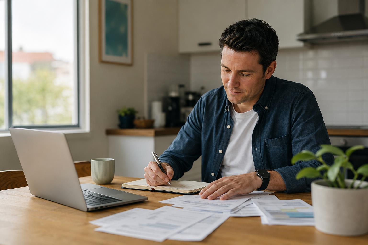 A person reviewing household finances at a kitchen table